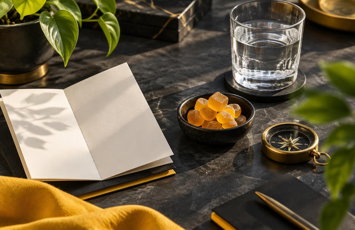Gummies beside a notebook, water and a compass as symbols of careful research