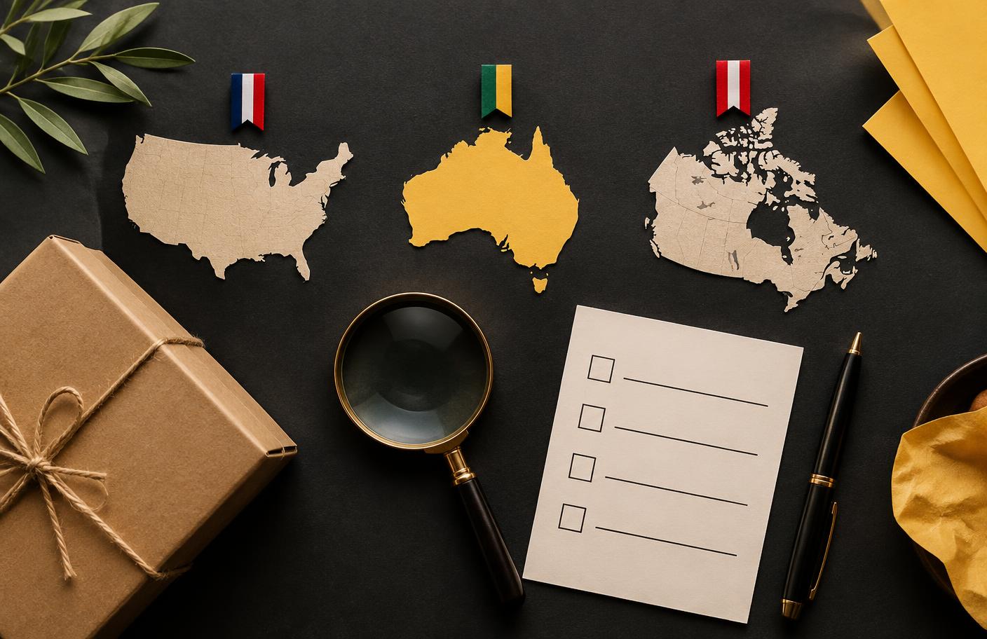 Maps of the United States, Australia and Canada beside a shopping checklist